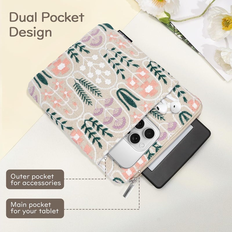 Dadanism Embroidered Daisy Padded Sleeve for All-New Kindle Paperwhite, 7" Kindle Colorsoft Signature Edition, Protective Sleeve Case for 6" Kindle/Kindle Oasis/Kobo E-Reader, Beige Plants - Image 4